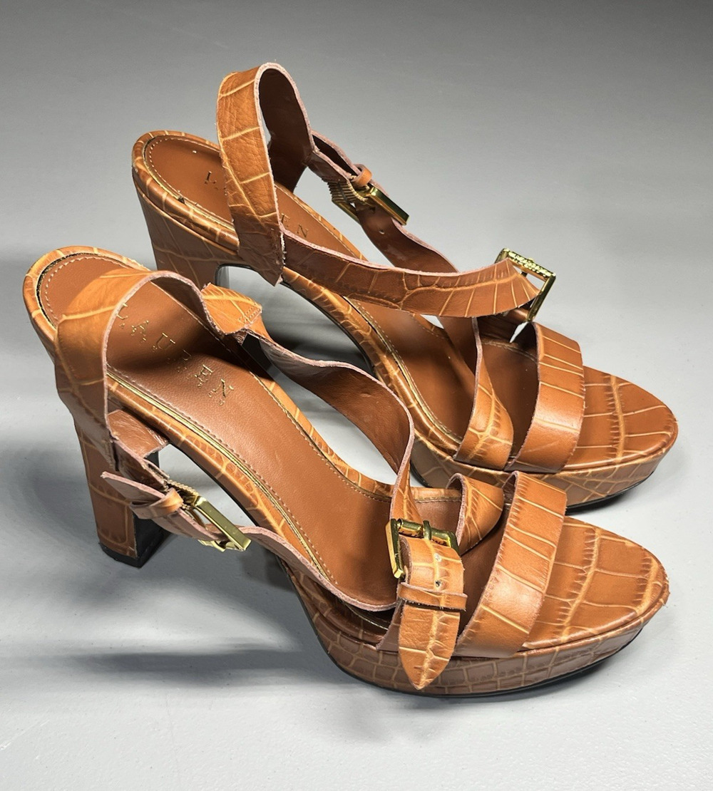Lauren Ralph Lauren Serrata Platform Pumps Brown 9.5B Embossed Crocodile Strappy